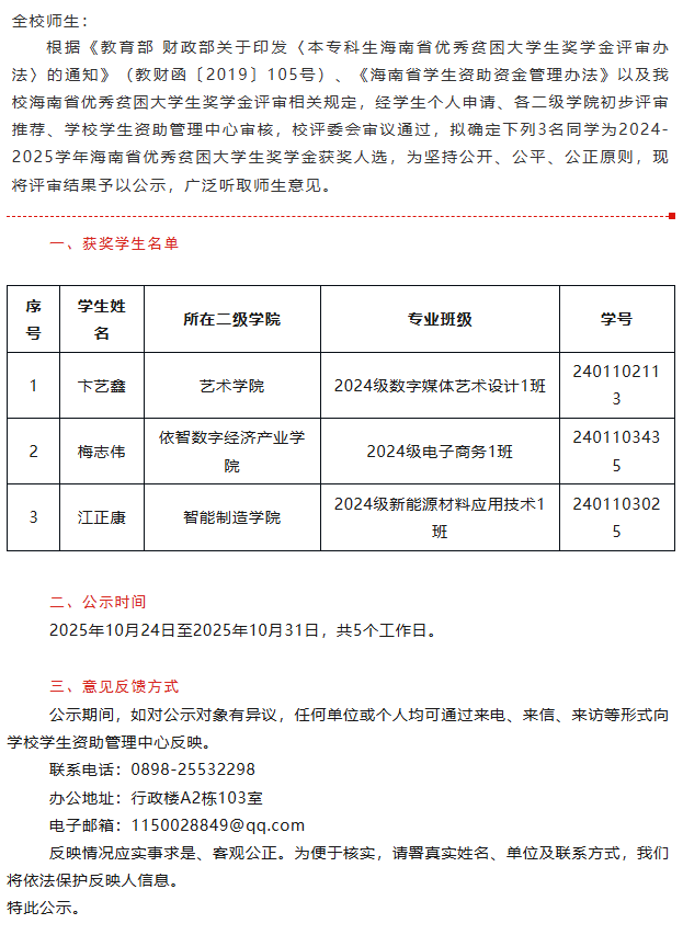 海南省優(yōu)秀貧困大學(xué)生獎學(xué)金獲獎學(xué)生名單的公示